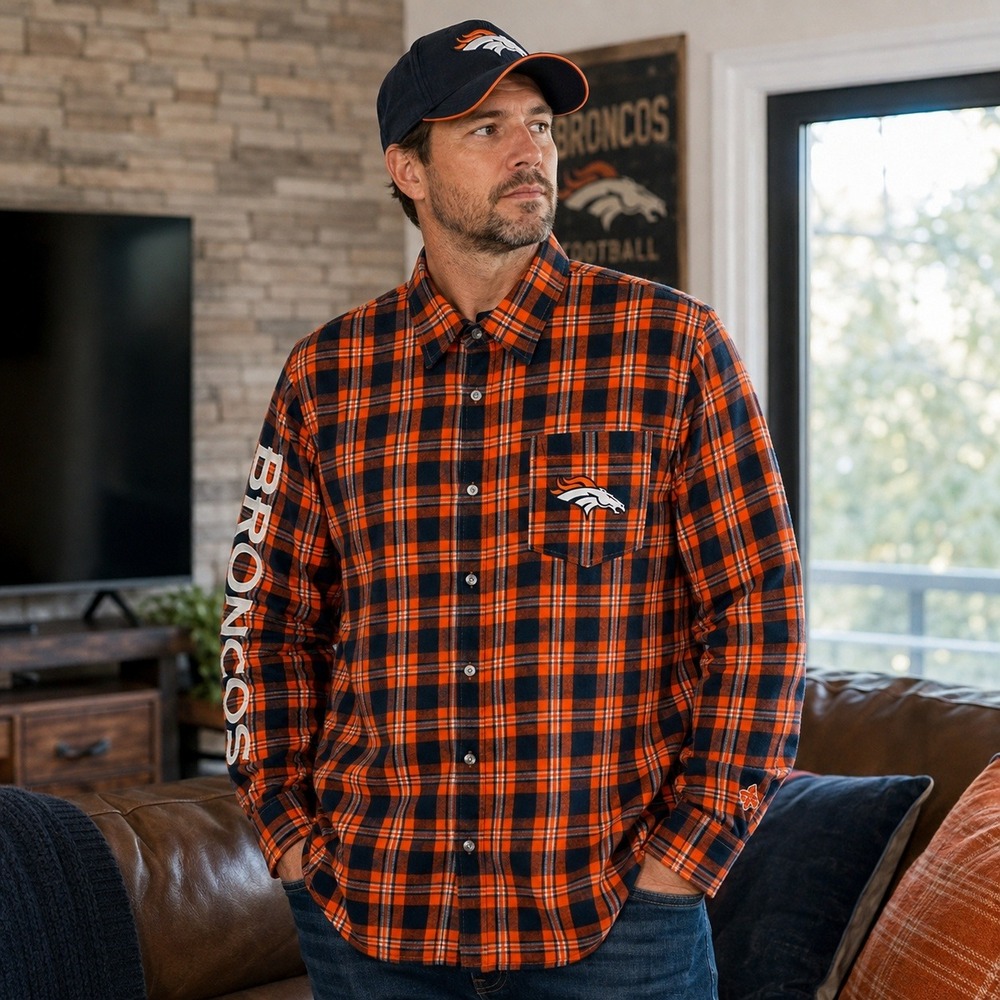 NFL Team Apparel Denver Broncos Plaid Flannel Shirt XL Orange Navy Embroidered